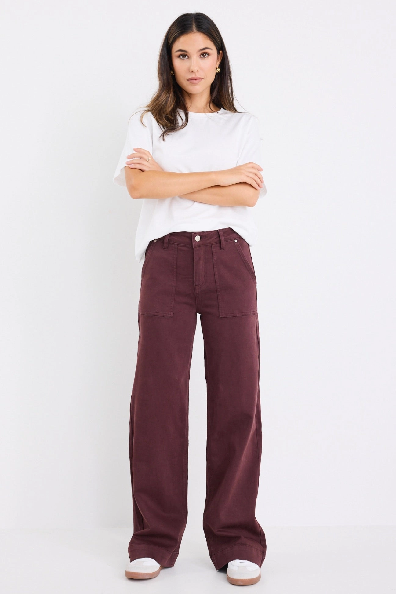 Breathable wear Feature Eggplant Mid Rise Front Pocket Wide Leg Jean