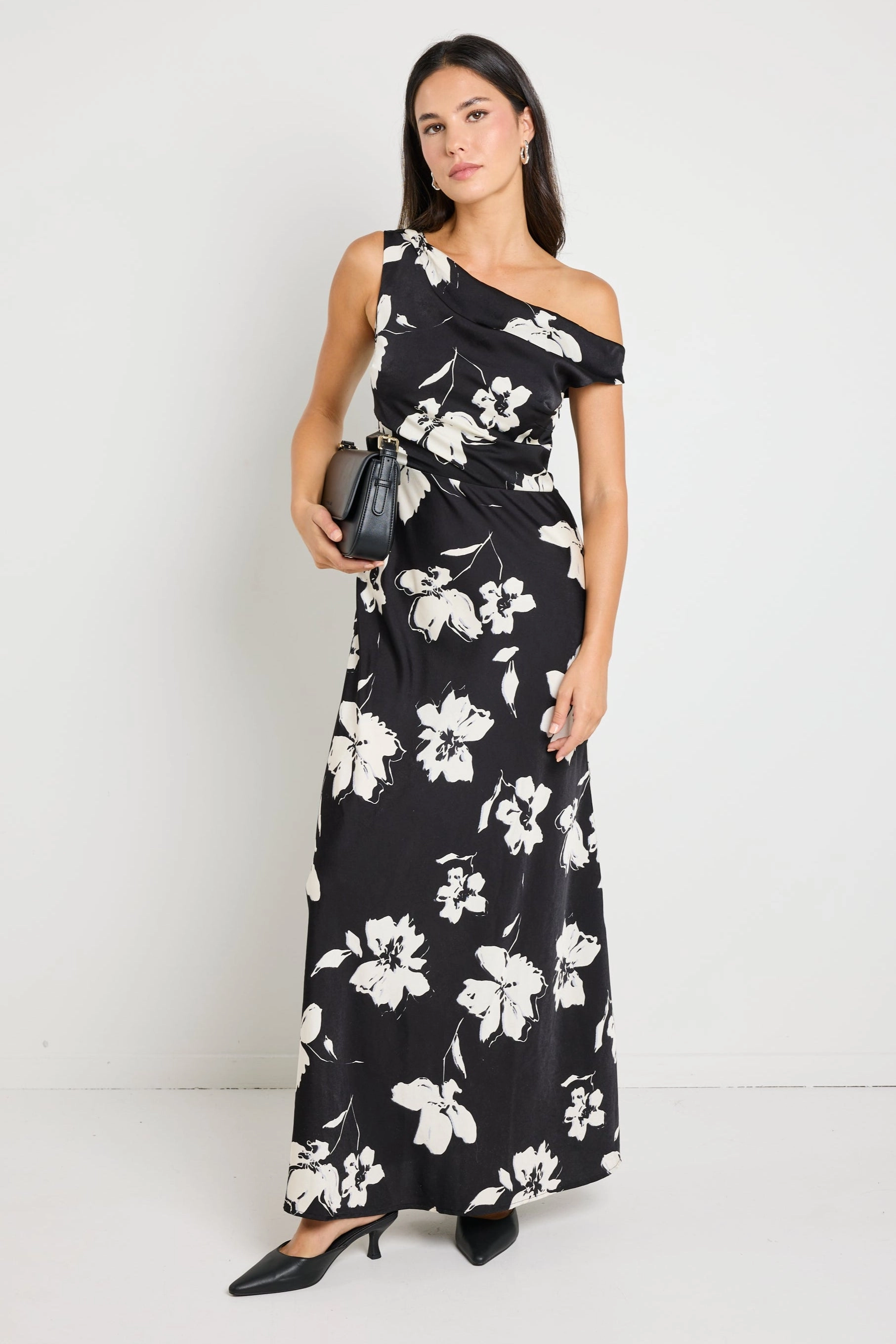 Chic Tailoring Waist Autumn Look Spotlight Black Floral Satin Off Shoulder Flare Midi Dress