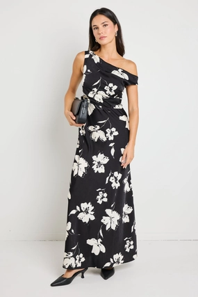 Chic Tailoring Waist Autumn Look Spotlight Black Floral Satin Off Shoulder Flare Midi Dress