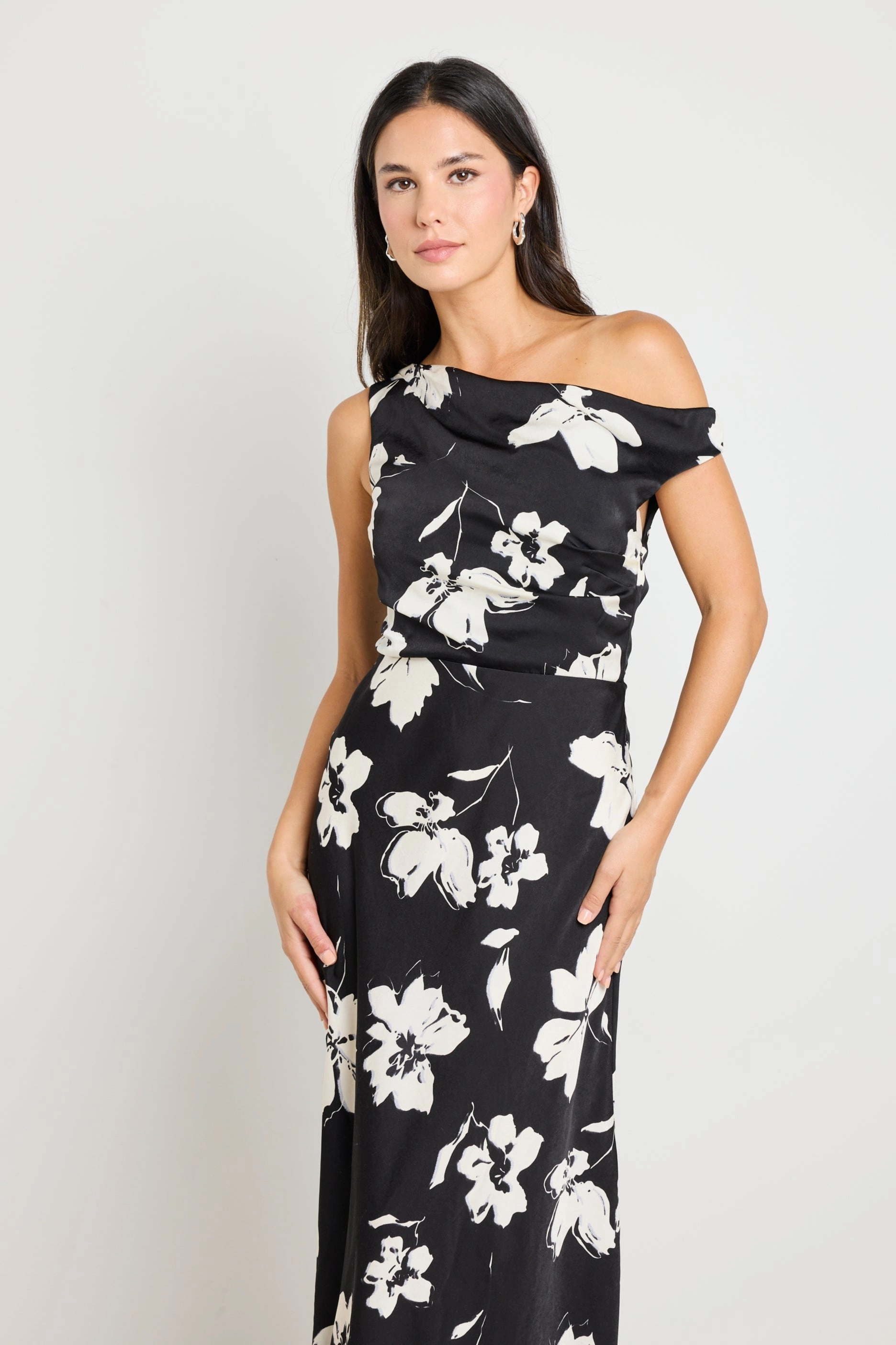 Spotlight Black Floral Satin Off Shoulder Flare Midi Dress Relaxed Fit Layered Style