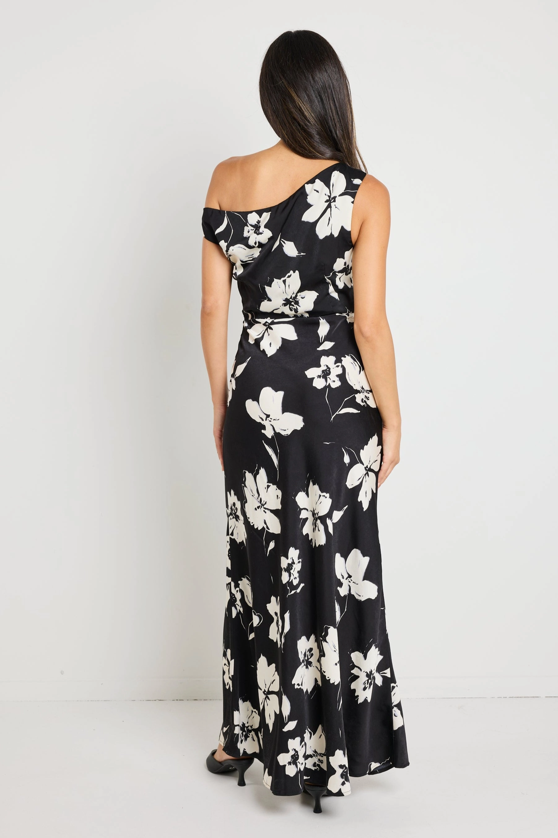 Feel Good Modern Waist Spotlight Black Floral Satin Off Shoulder Flare Midi Dress