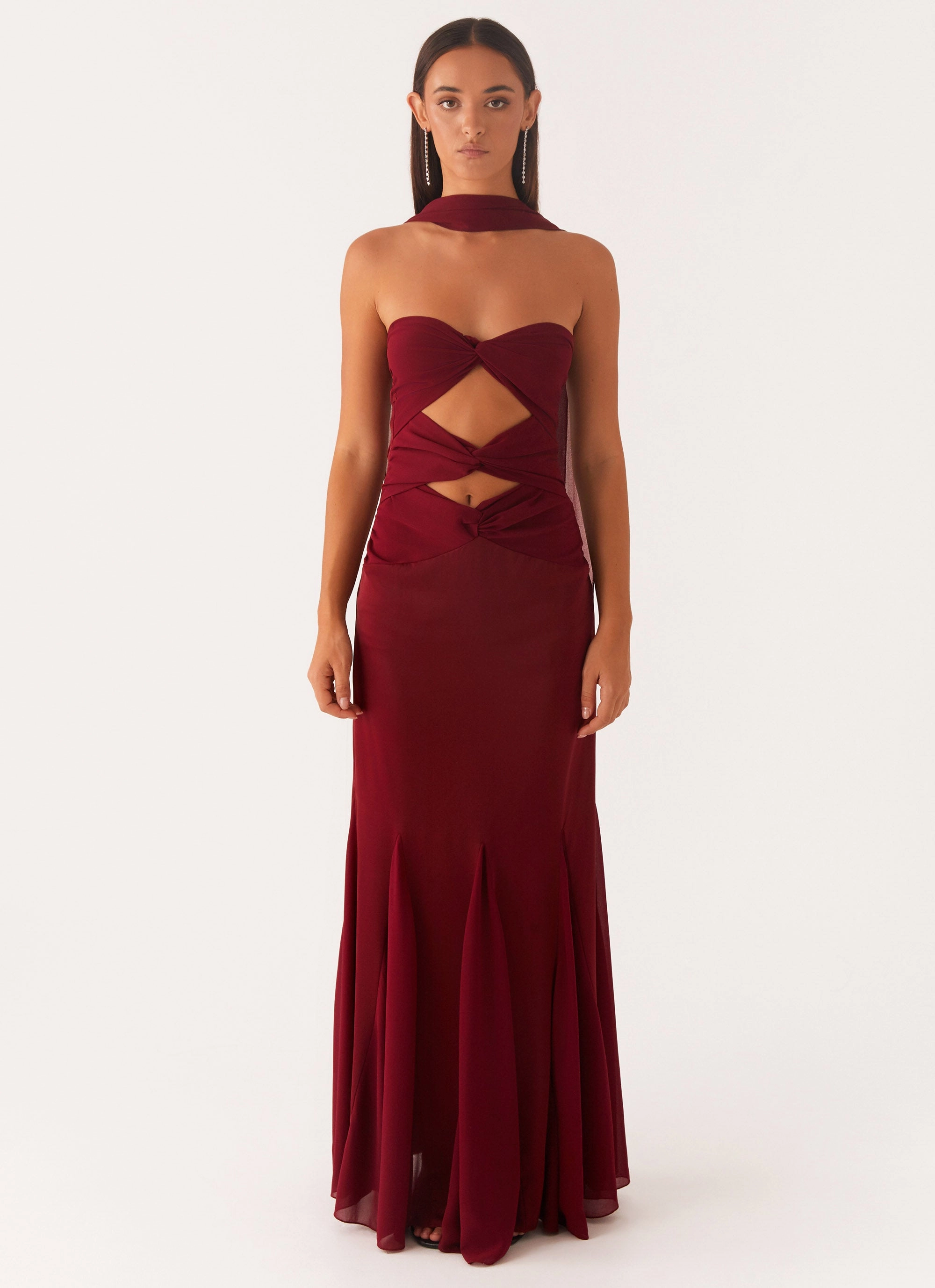 Vibrant Tone Melrose Satin Chiffon Maxi Dress - Deep Red