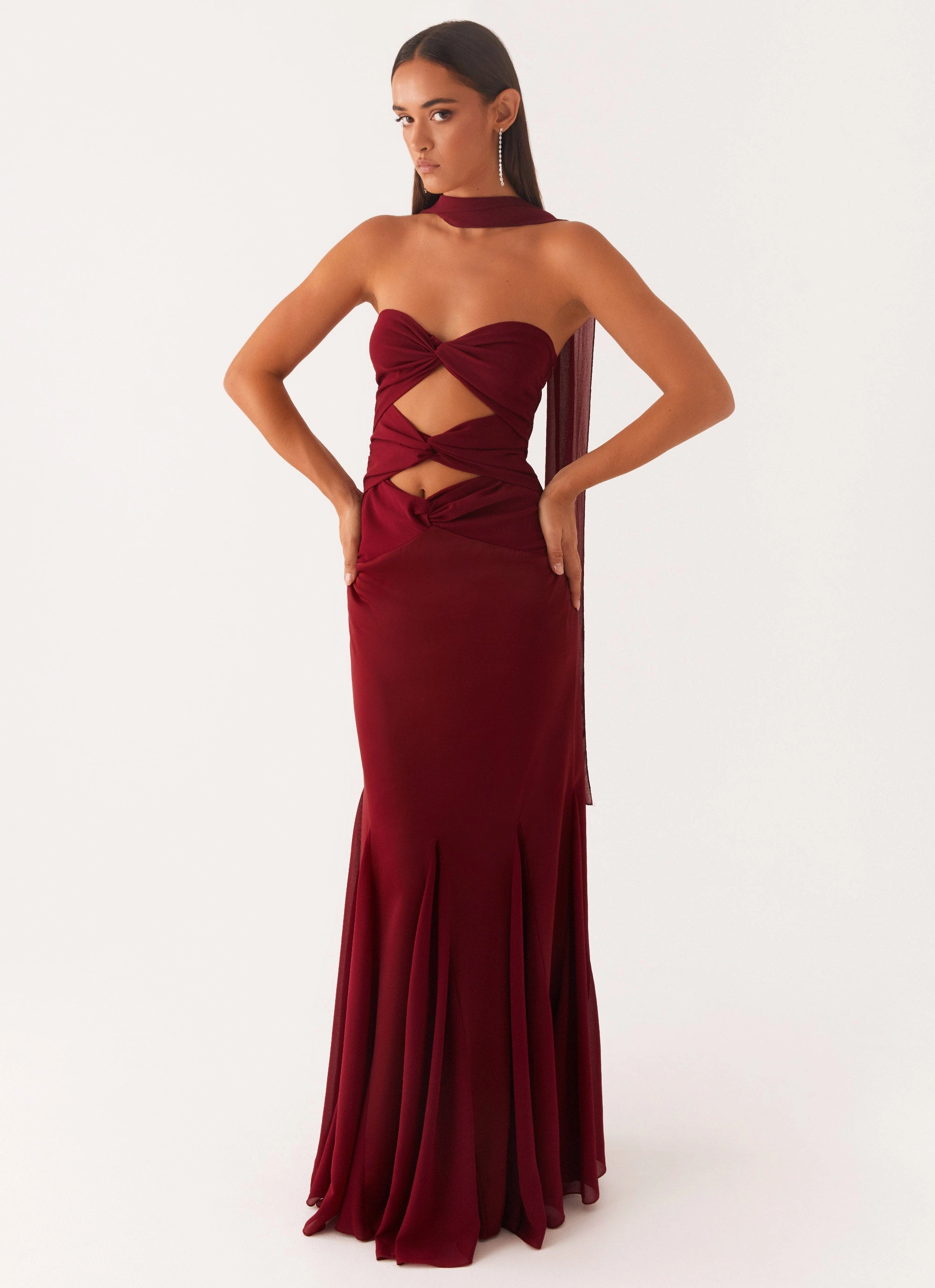 Melrose Satin Chiffon Maxi Dress - Deep Red Modern Lines Minimalist Design