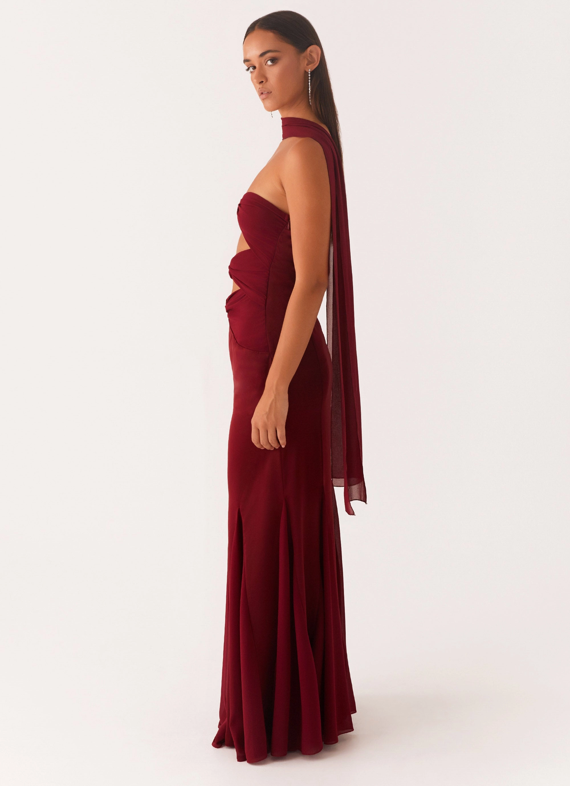 Chilly Day Comfort Melrose Satin Chiffon Maxi Dress - Deep Red