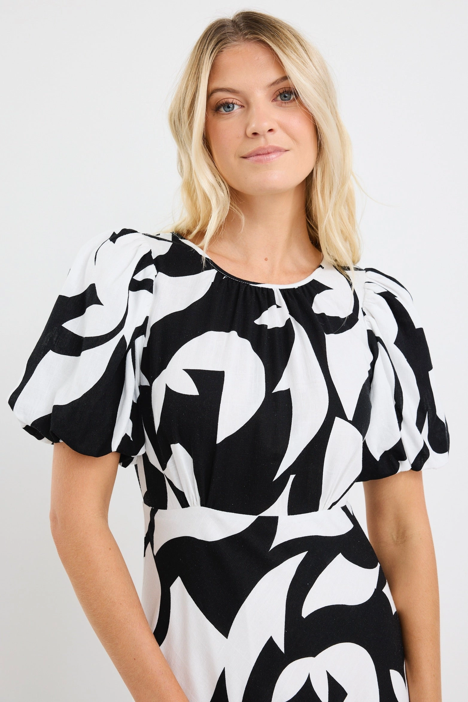 Slim Touch Stage Black Ivory Cut Out Print Puff Sleeve Floaty Maxi Dress