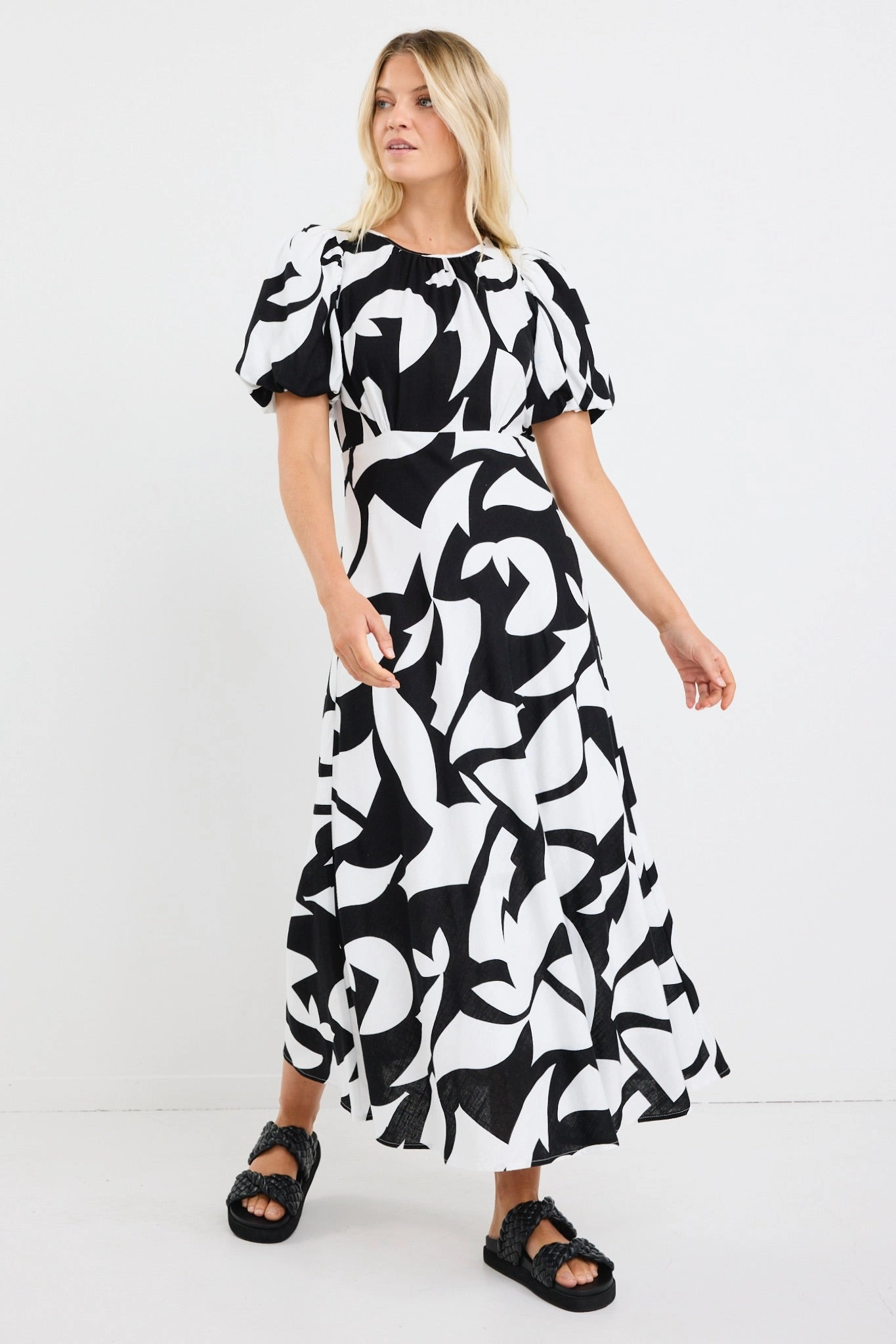 Stylish Waistband Stage Black Ivory Cut Out Print Puff Sleeve Floaty Maxi Dress