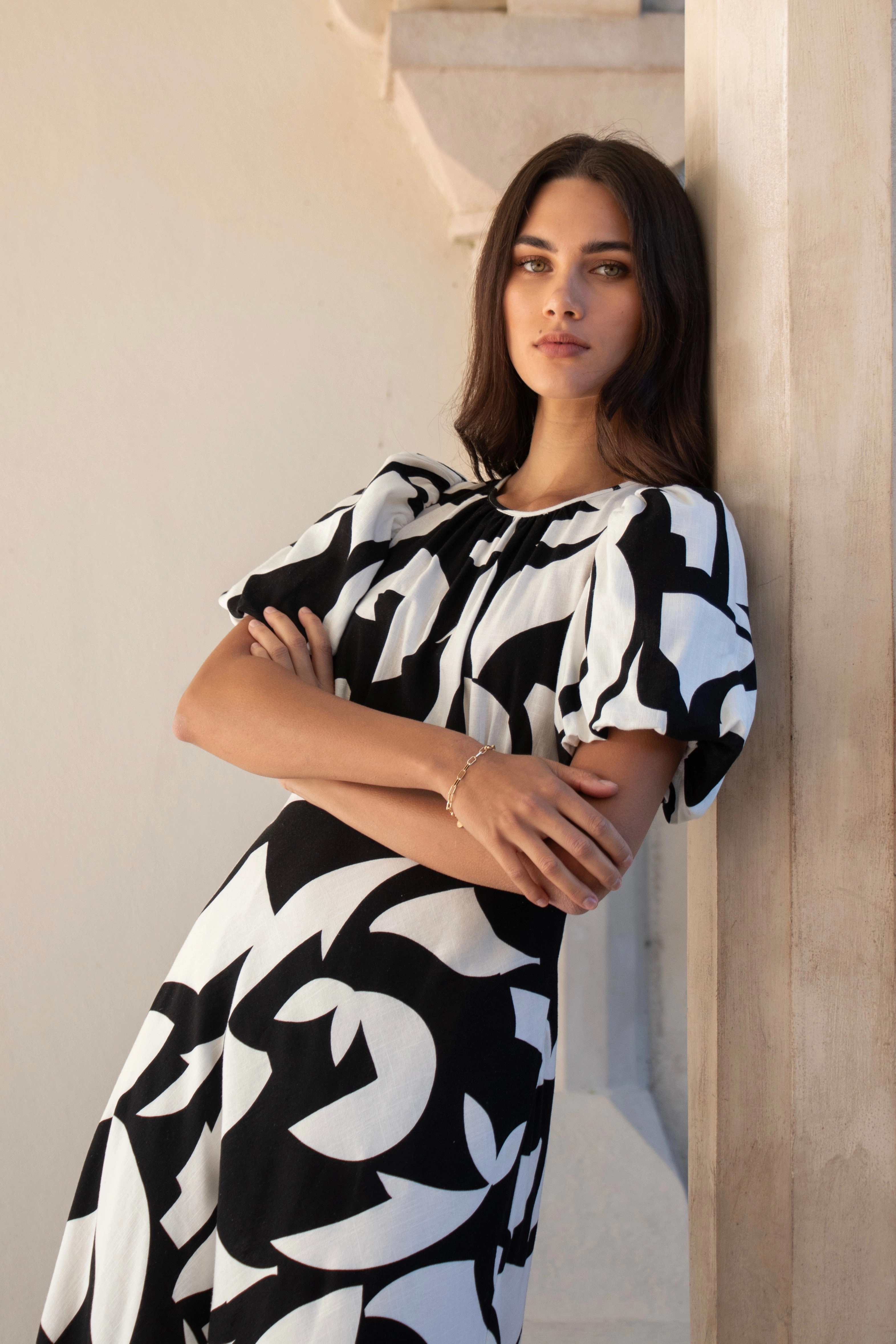 Stage Black Ivory Cut Out Print Puff Sleeve Floaty Maxi Dress Fitted waist Textured Look