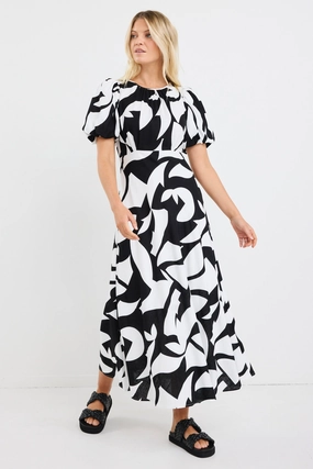 Stylish Waistband Stage Black Ivory Cut Out Print Puff Sleeve Floaty Maxi Dress