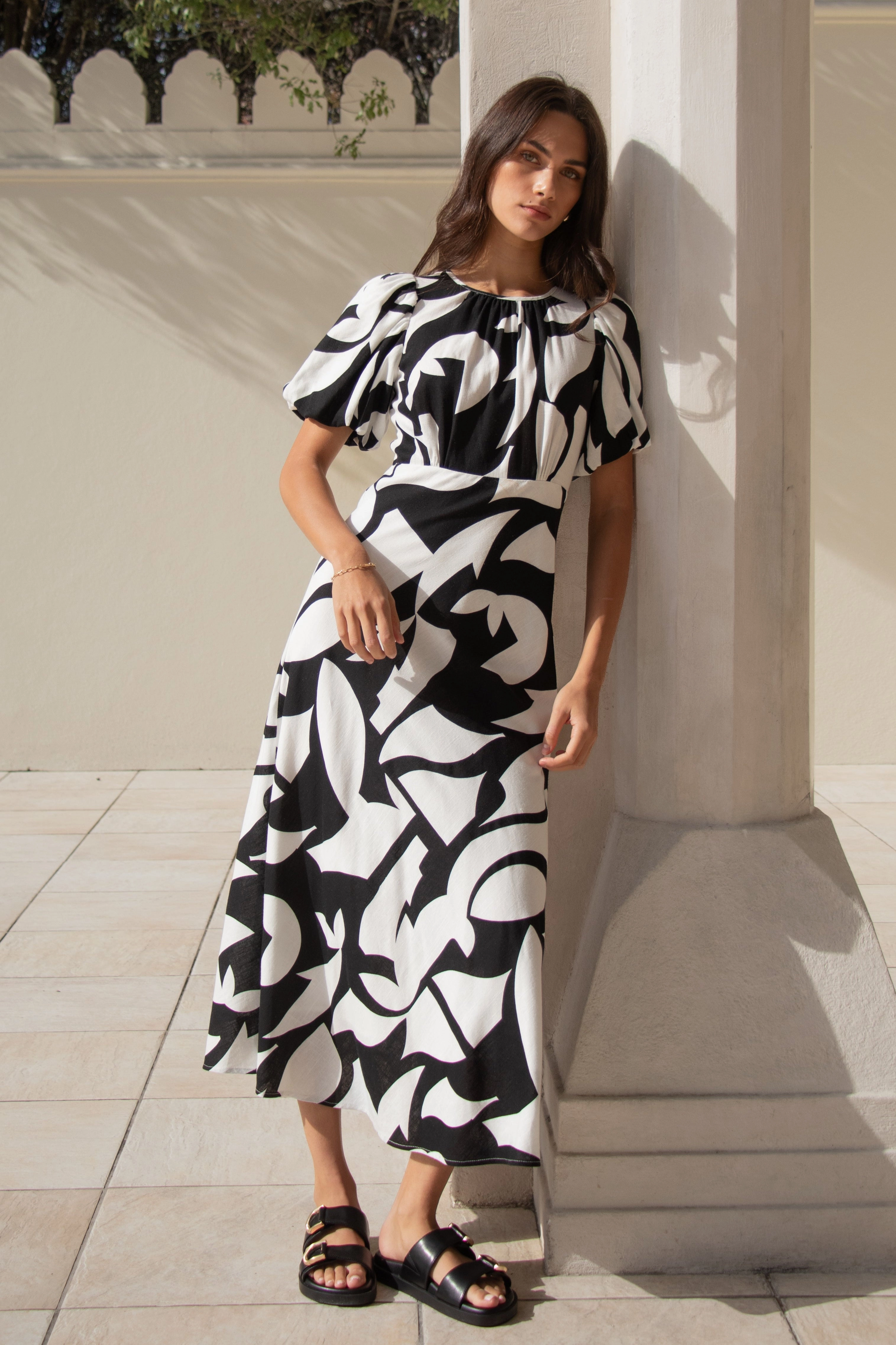 Korean Mood Stage Black Ivory Cut Out Print Puff Sleeve Floaty Maxi Dress