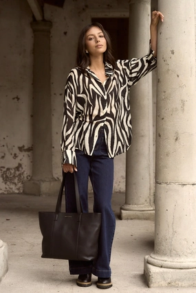 Architect Black Tiger Print Long Sleeve Blouse Oversized Collar AdjustableNeckline