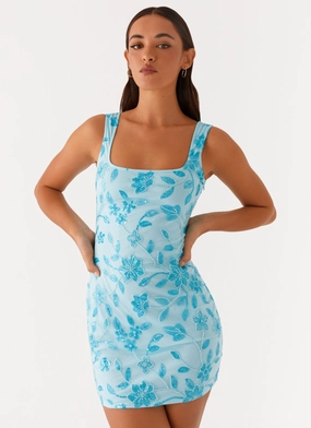 Starlina Square Neck Beaded Mini Dress - Blue Basic Mood