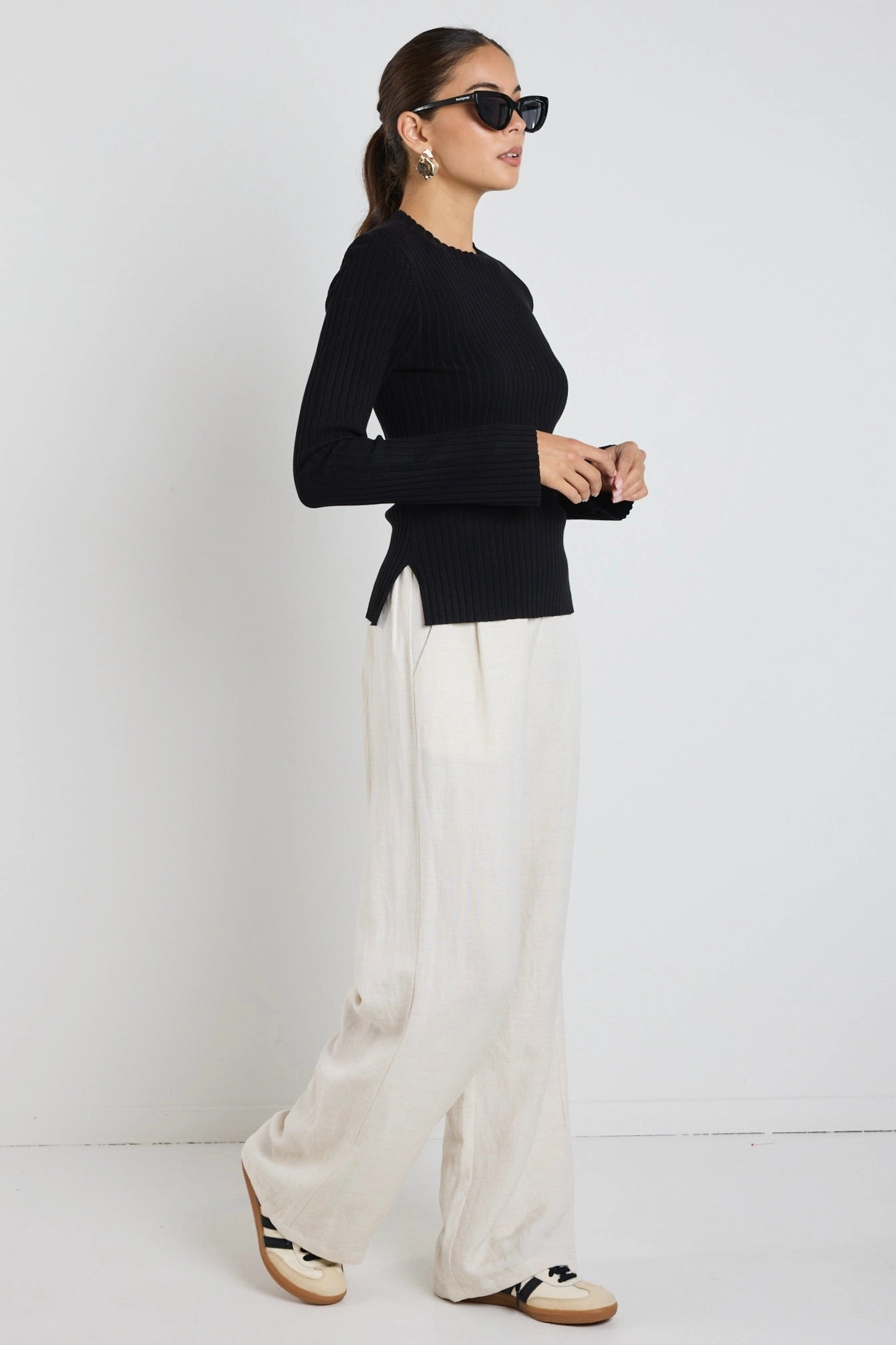 Layered Neckline Details Microfiber Blended Fabric Stately Black LS Rib Funnel Neck Knit Top