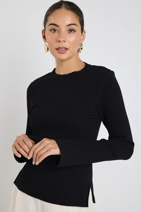 Stately Black LS Rib Funnel Neck Knit Top Fashion Blouse