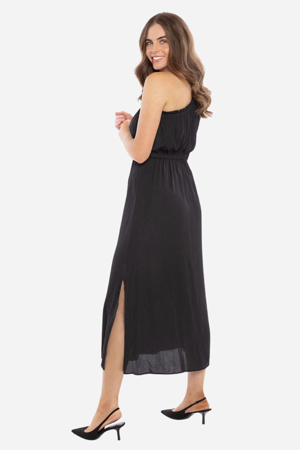 Streamlined Black Self Spot One Sleeve Midi Dress Life Soft