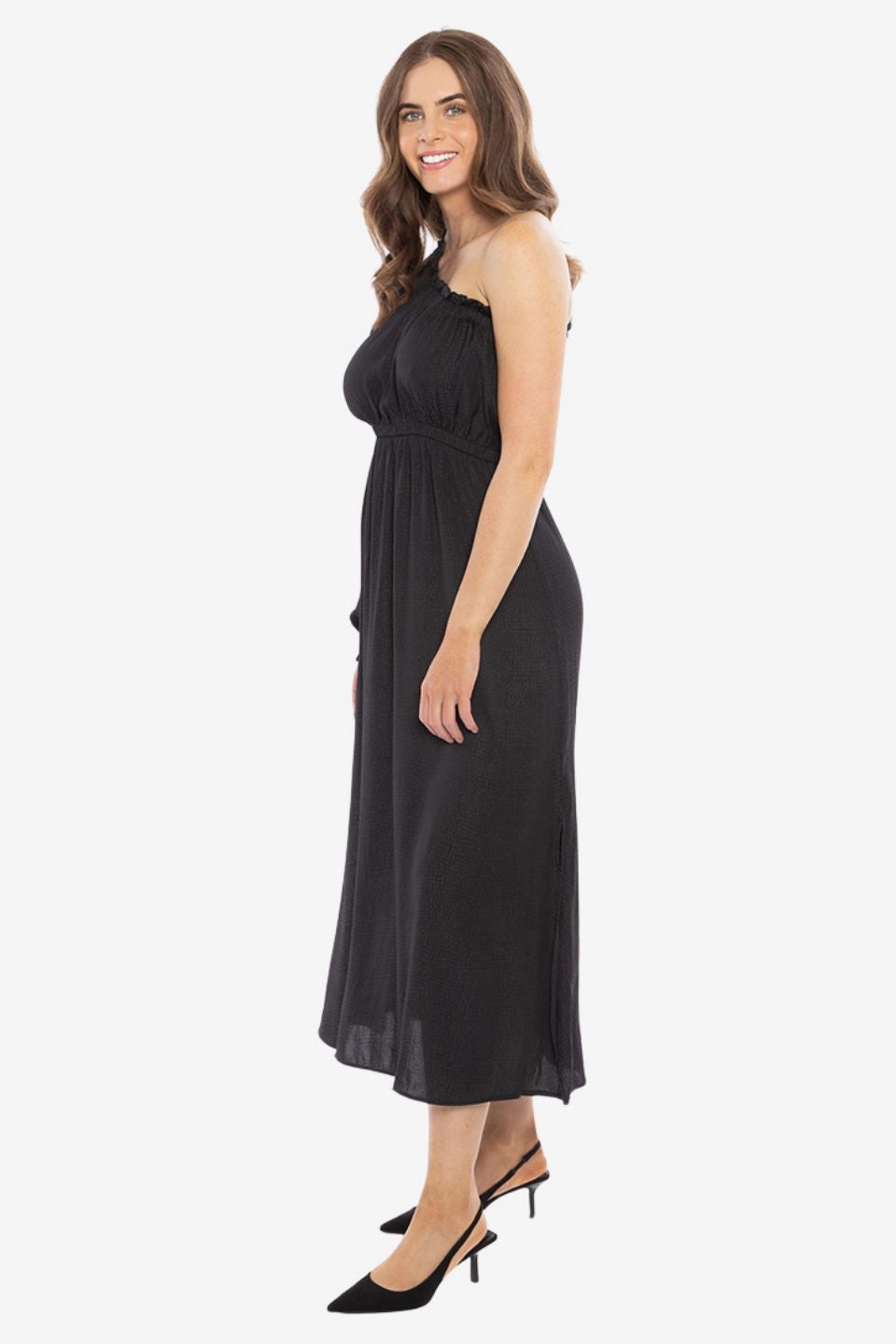 Seasonal Layering Streamlined Black Self Spot One Sleeve Midi Dress