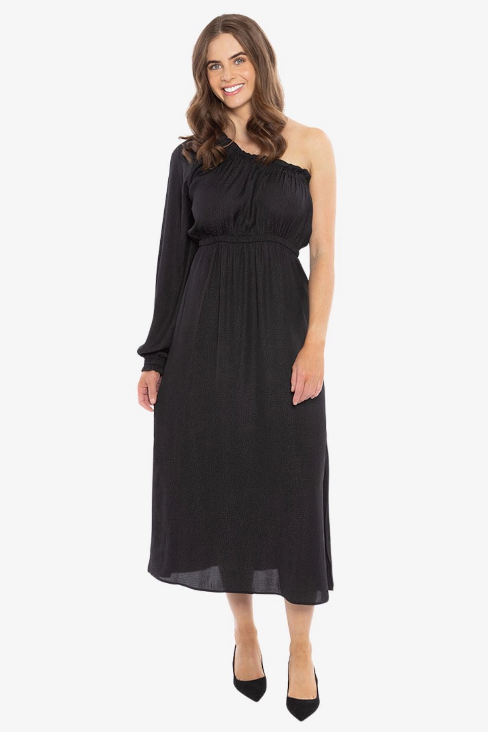 Streamlined Black Self Spot One Sleeve Midi Dress Eye Appeal