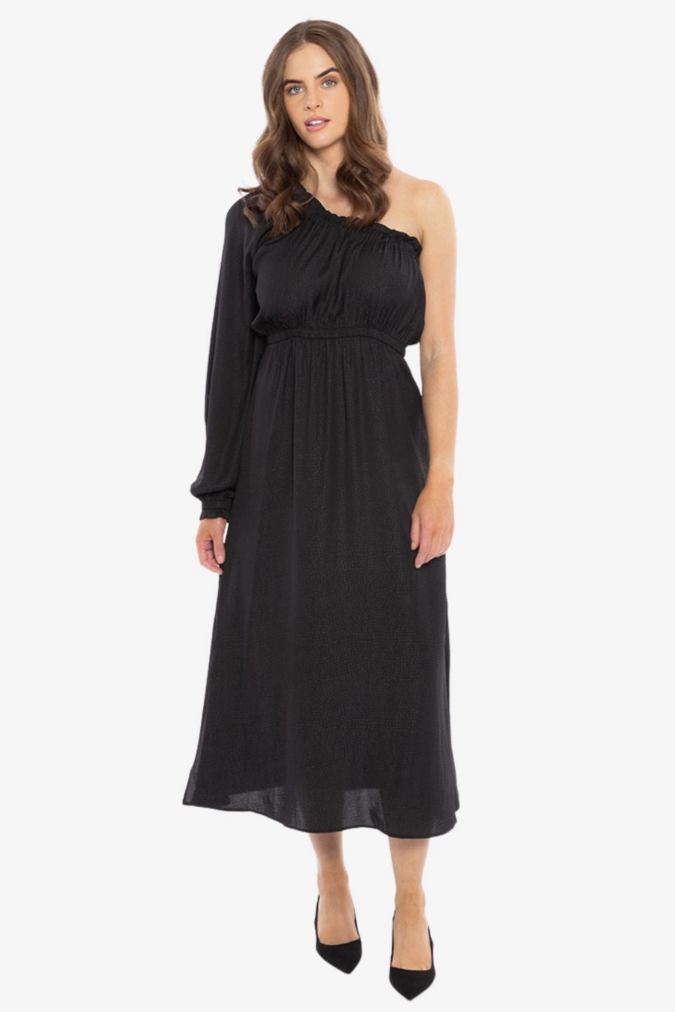 Sheer Layer All-Day Comfort Wear Streamlined Black Self Spot One Sleeve Midi Dress