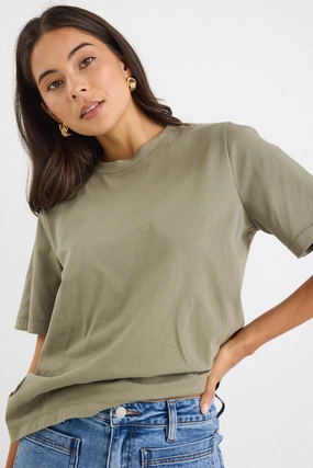 Street Khaki Crew Neck Short Sleeved Boxy SS Tee Warm Layer