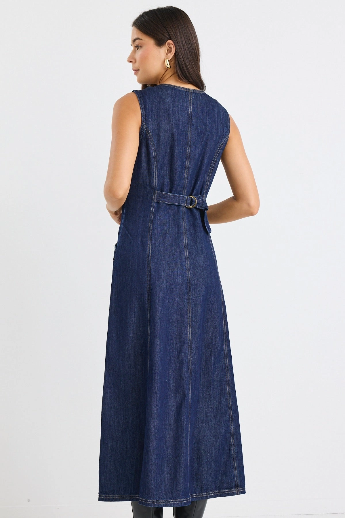 Laneway Indigo Denim Midi Vest Dress Bow Glow Light Fit