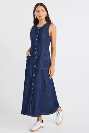 Laneway Indigo Denim Midi Vest Dress Whimsical Mood
