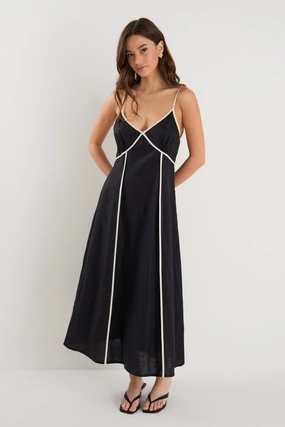 Structured-Shape Marine Black Contrast Piped Linen Strappy Maxi Dress
