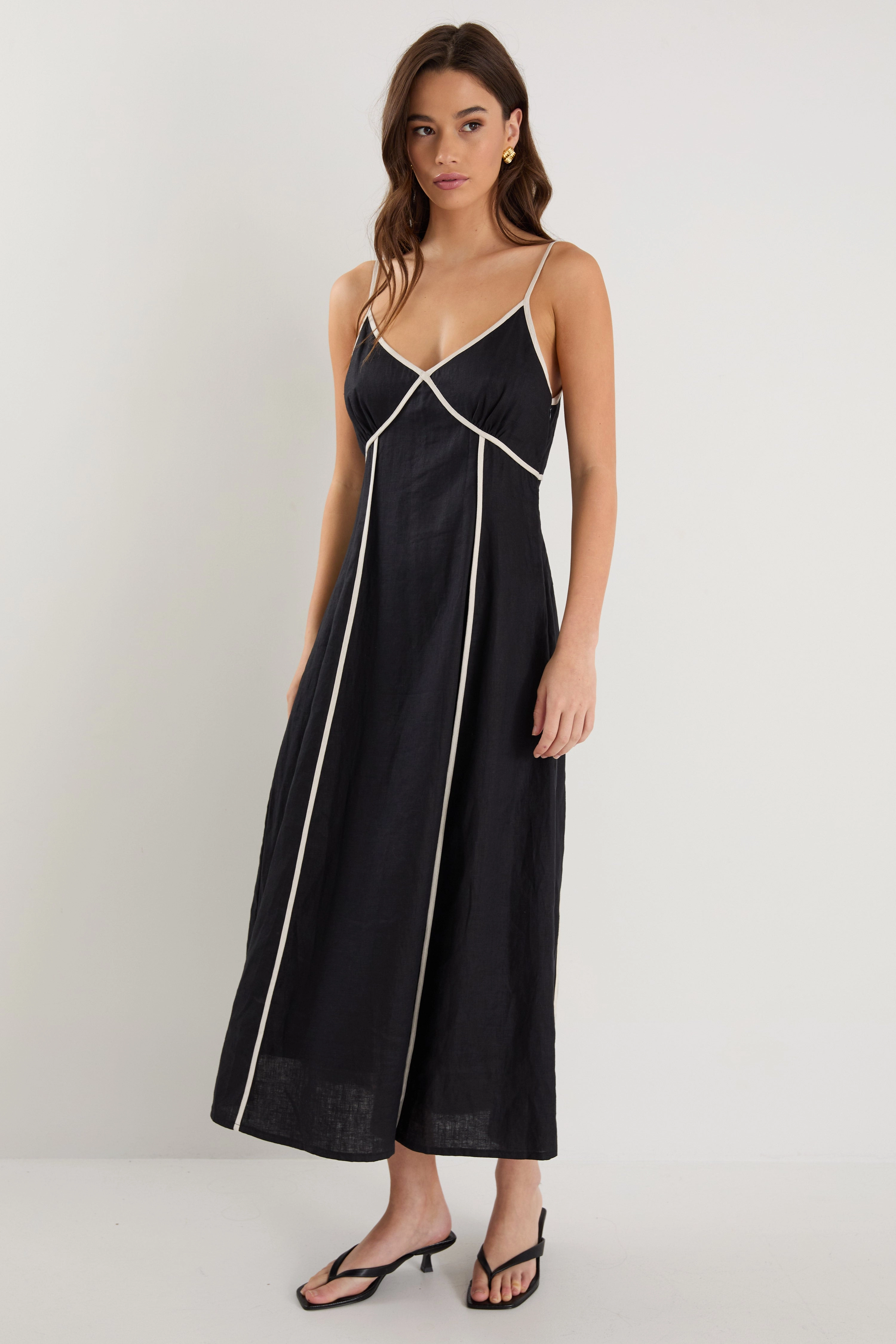 Marine Black Contrast Piped Linen Strappy Maxi Dress Inner Feel Brunch Tone
