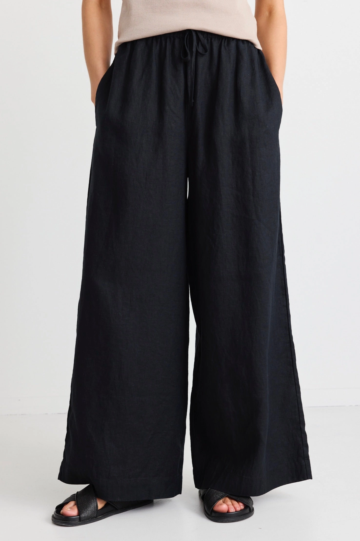 Resort Black Linen Tie Waist Pull On Wide Pants Functional fashion wear EcoFriendlyMaterial