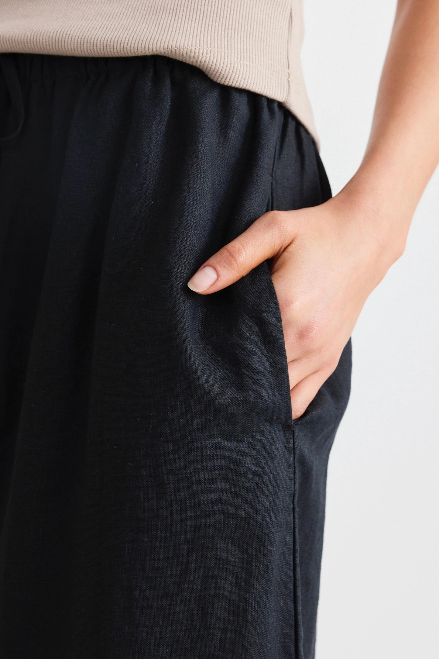 Resort Black Linen Tie Waist Pull On Wide Pants StaticDissipativeFabric Lounge-friendly