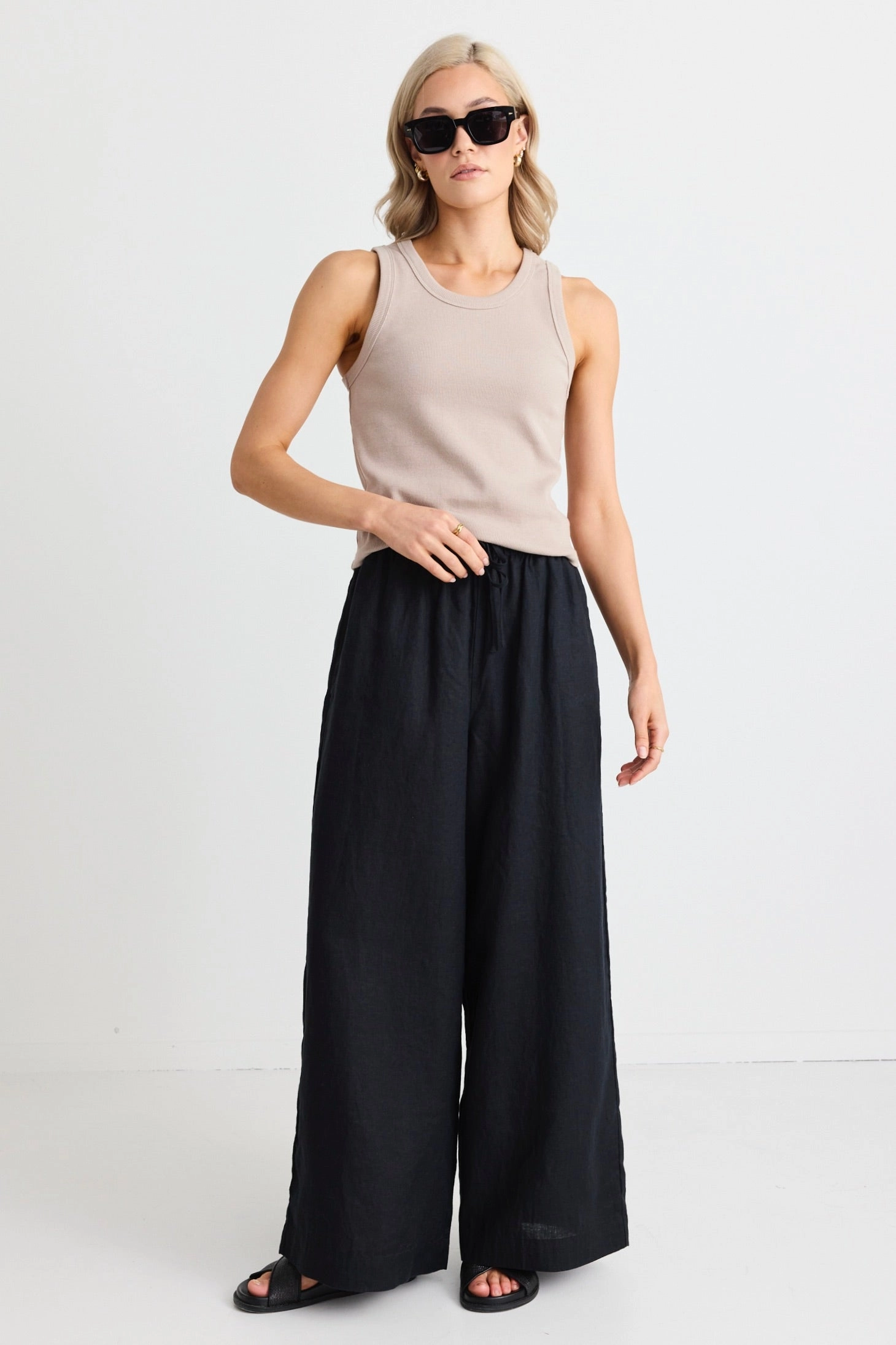Resort Black Linen Tie Waist Pull On Wide Pants Athletic Fit