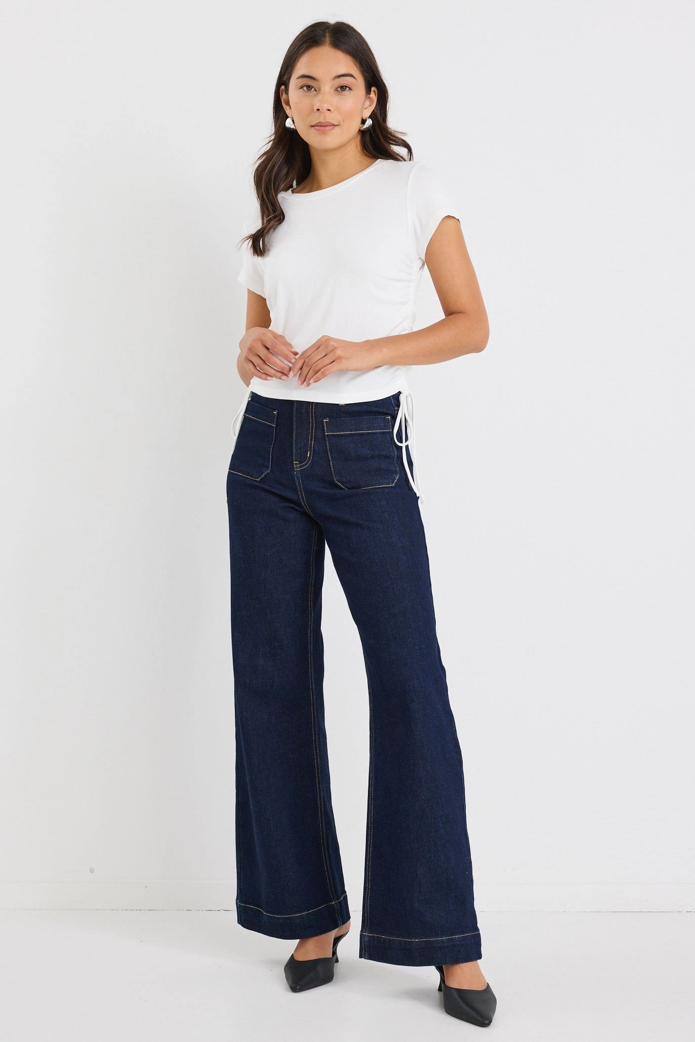 LowMaintenance Fabric Perfect White Rib Rouched Side Crop Tee