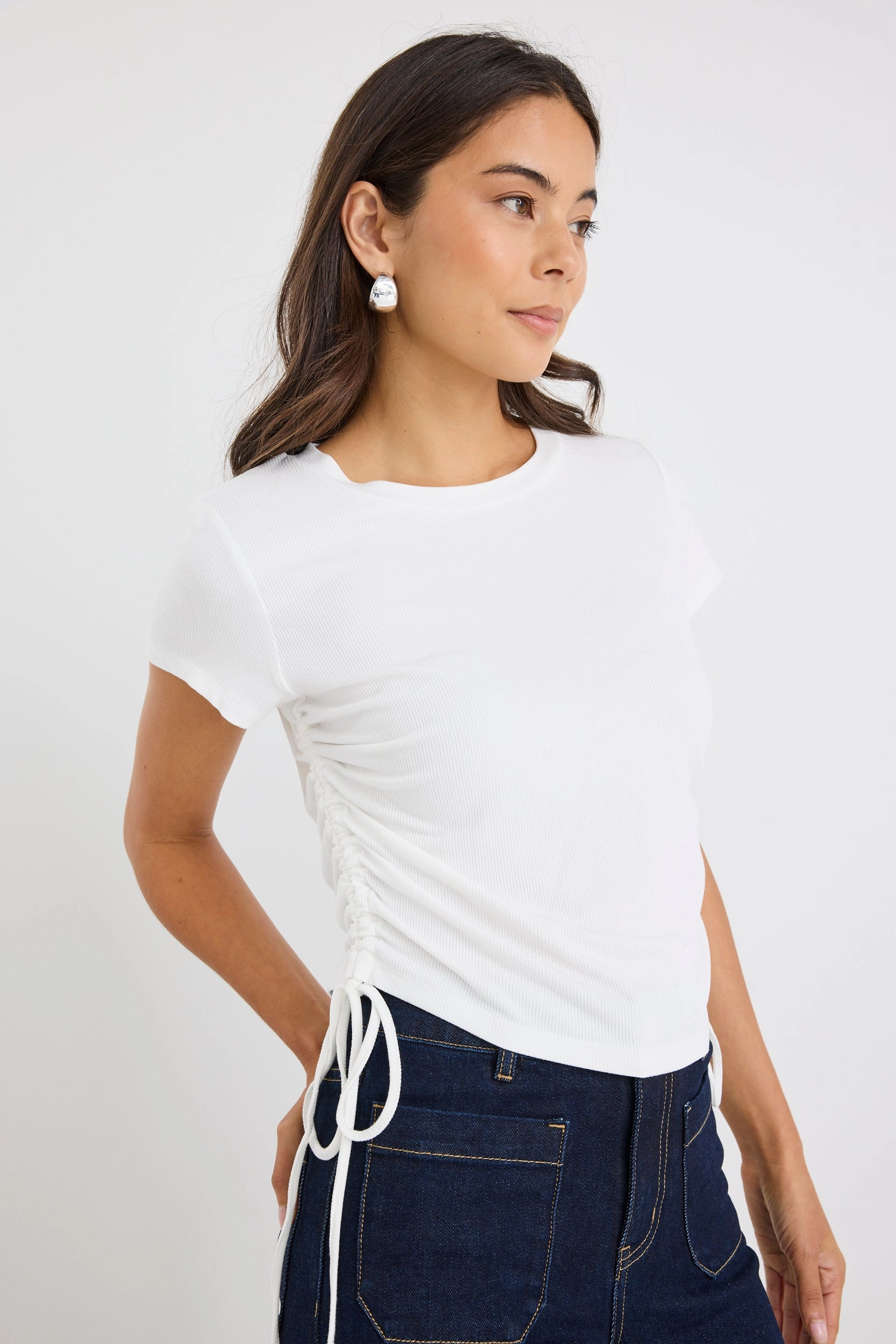 Fun Design AntiBacterial Coating Perfect White Rib Rouched Side Crop Tee