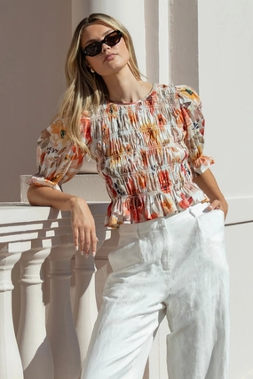 Melodic Sunrise Meadow Shirred Body Short Sleeve Top Sporty Style