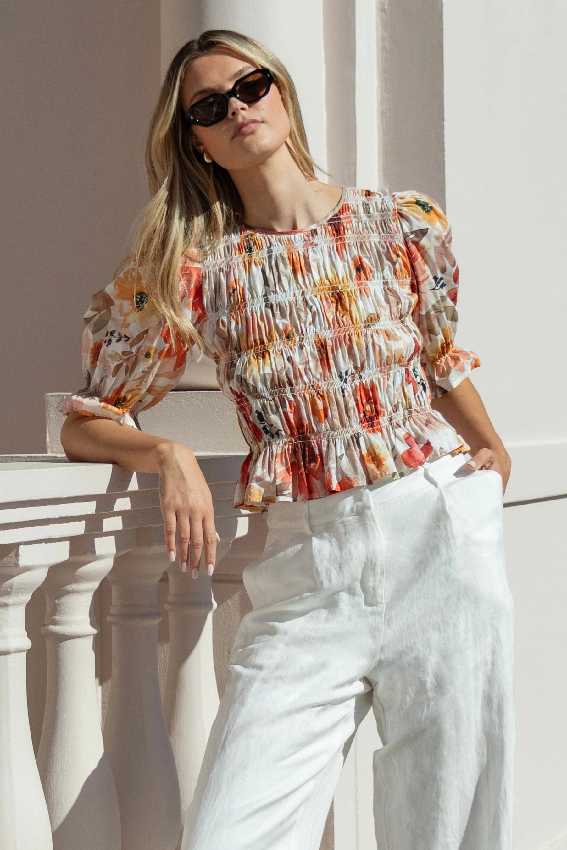 Melodic Sunrise Meadow Shirred Body Short Sleeve Top Sporty Style