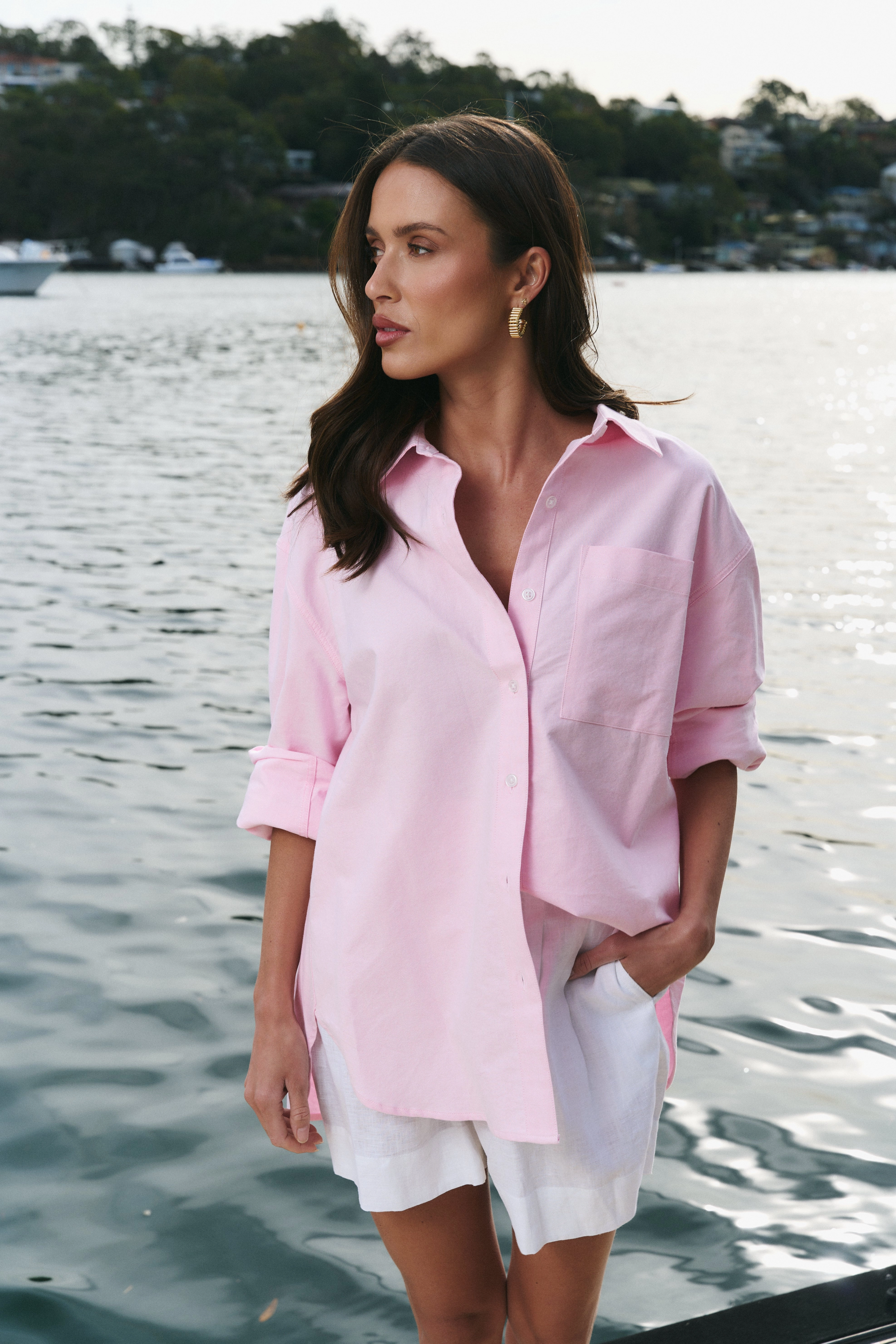 Smooth Seam Transition MicrofiberTech Signature Pink Oxford Oversized Boyfriend Shirt