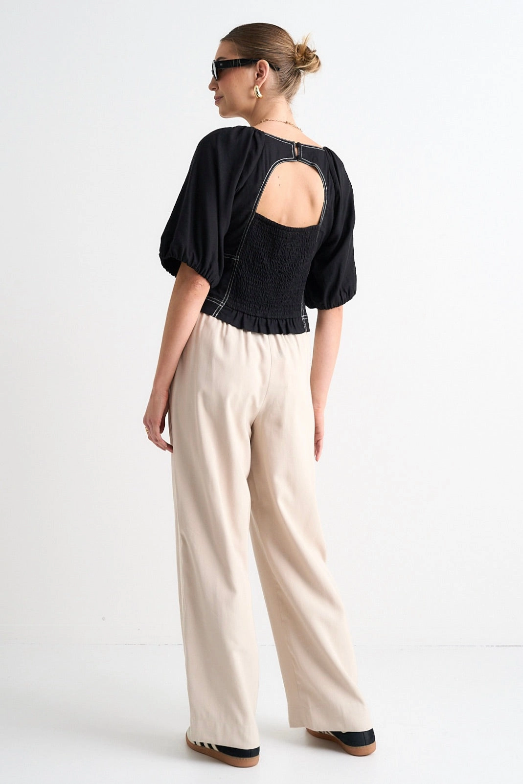 Expectation Black Contrast Stitch Short Sleeved Top RibbedNeckline