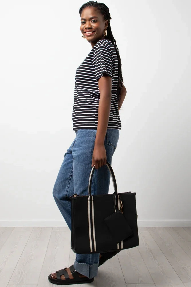 Stripe Crew Neck Short Sleeve T-Shirt Black And White Midweight Texture Fitted Shirt