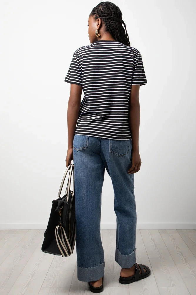 Durable Reinforced Elbows Stripe Crew Neck Short Sleeve T-Shirt Black And White