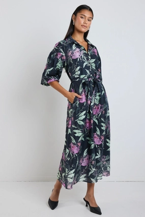 Studio Petrol Lilac Floral Balloon Sleeve Midi Shirt Dress Summer Wardrobe Effortless Style