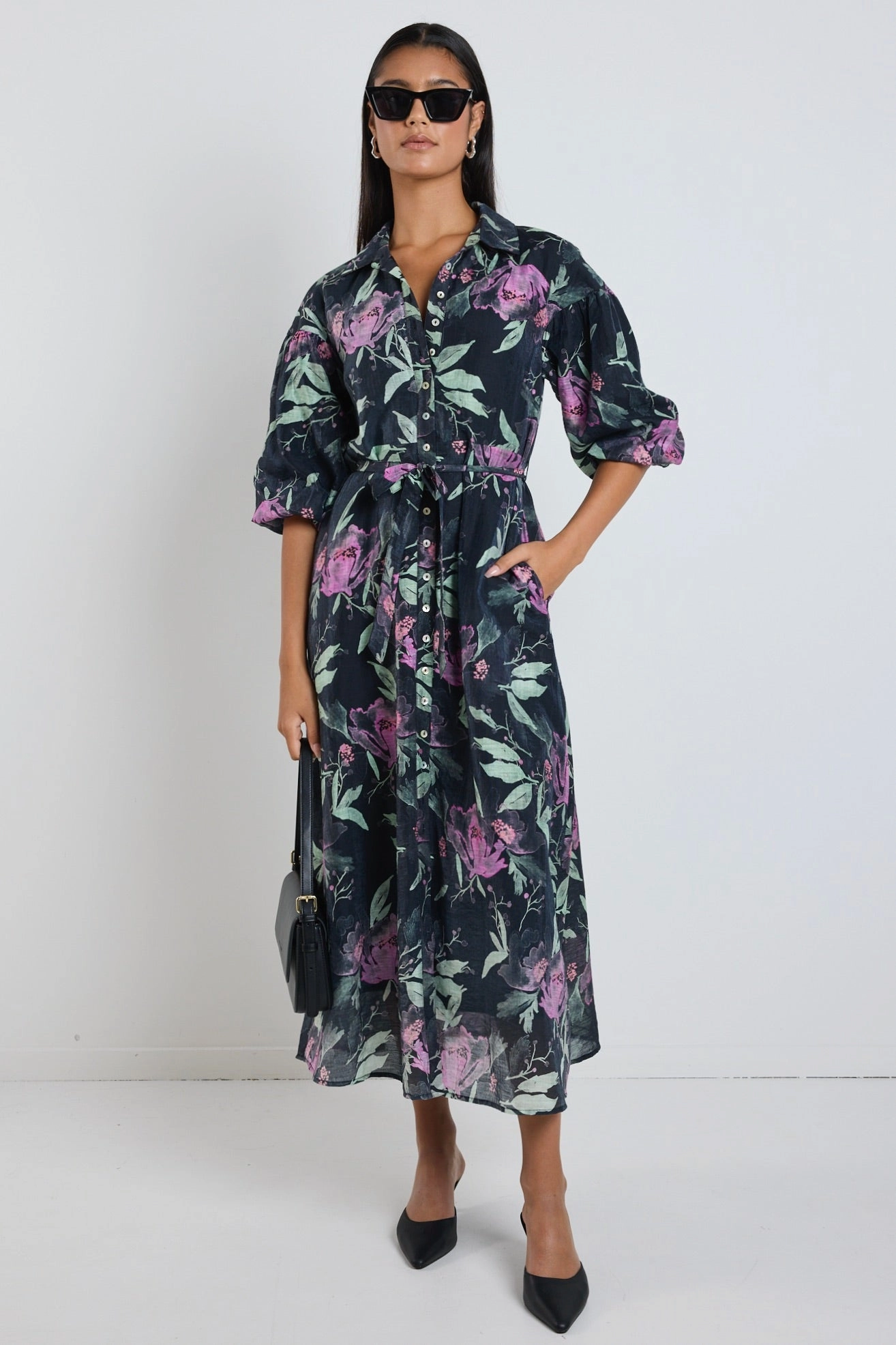 High-waisted evening piece Studio Petrol Lilac Floral Balloon Sleeve Midi Shirt Dress