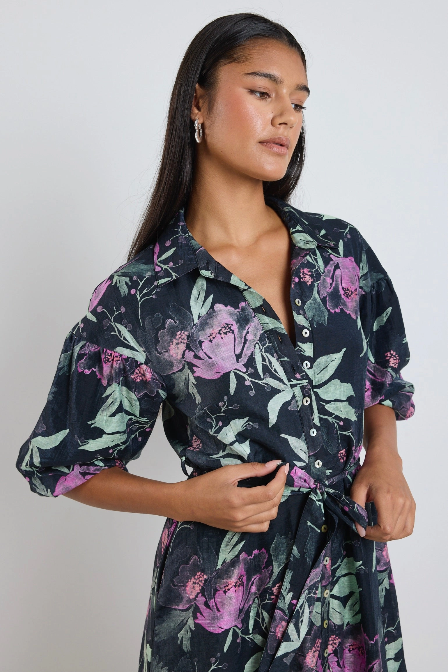 Art Inspired Studio Petrol Lilac Floral Balloon Sleeve Midi Shirt Dress