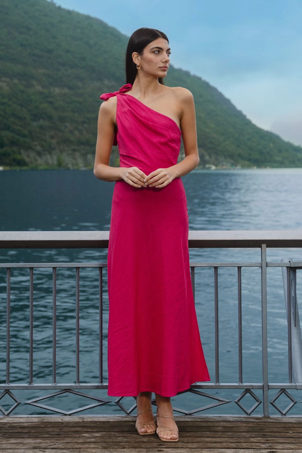 Sleek Flex Mirror Hot Pink Linen Blend One Shoulder Bow Midi Dress