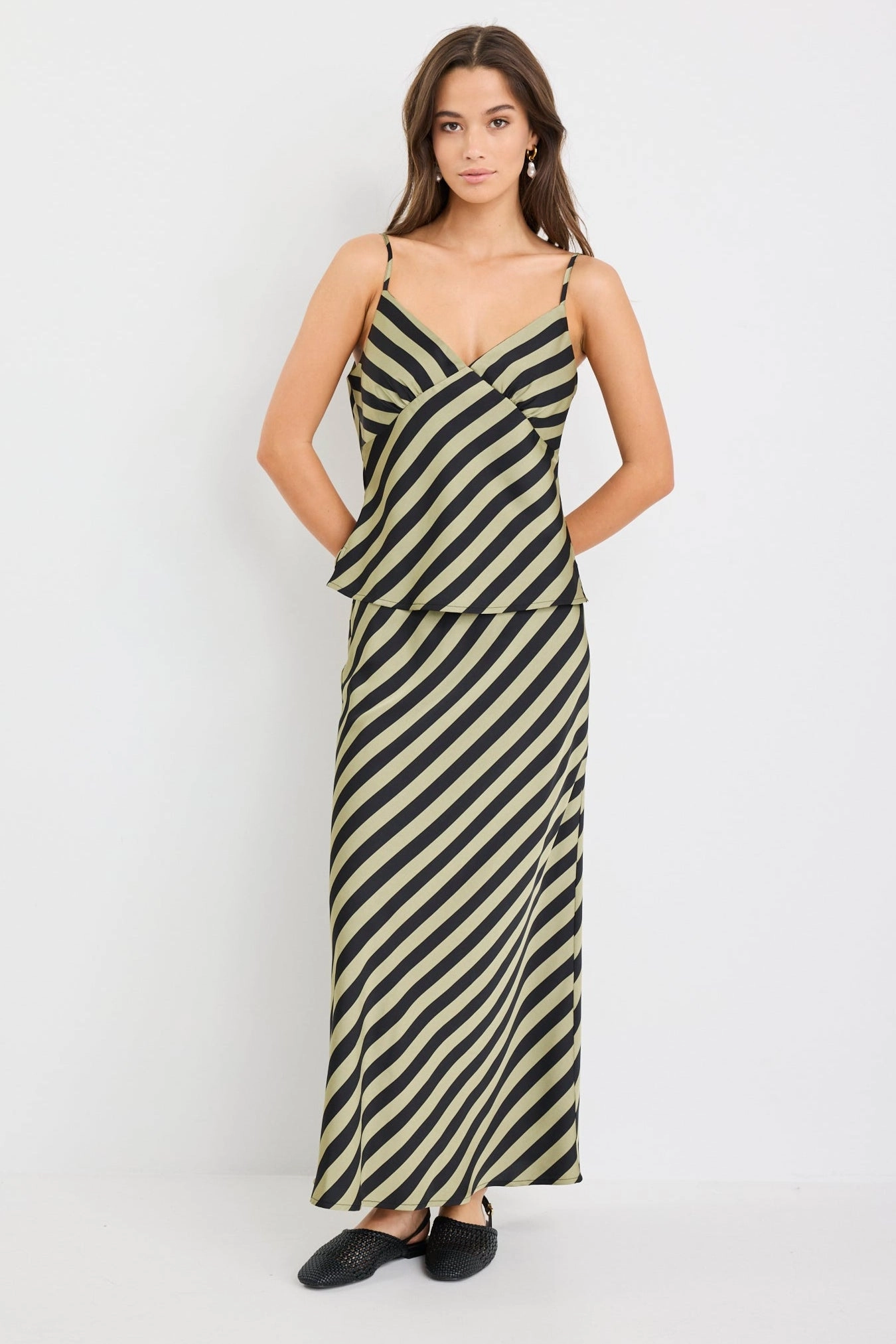 Stunning Khaki Black Stripe Satin Bias Midi Skirt Front Slit