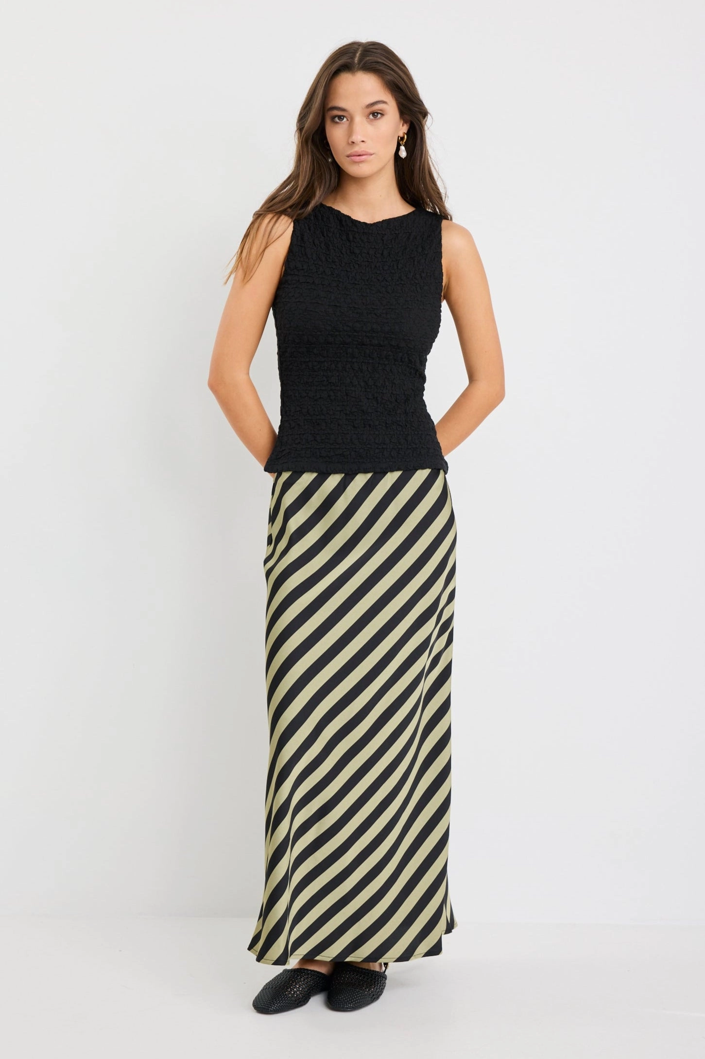 Stunning Khaki Black Stripe Satin Bias Midi Skirt Affordable Fashion Casual Edge