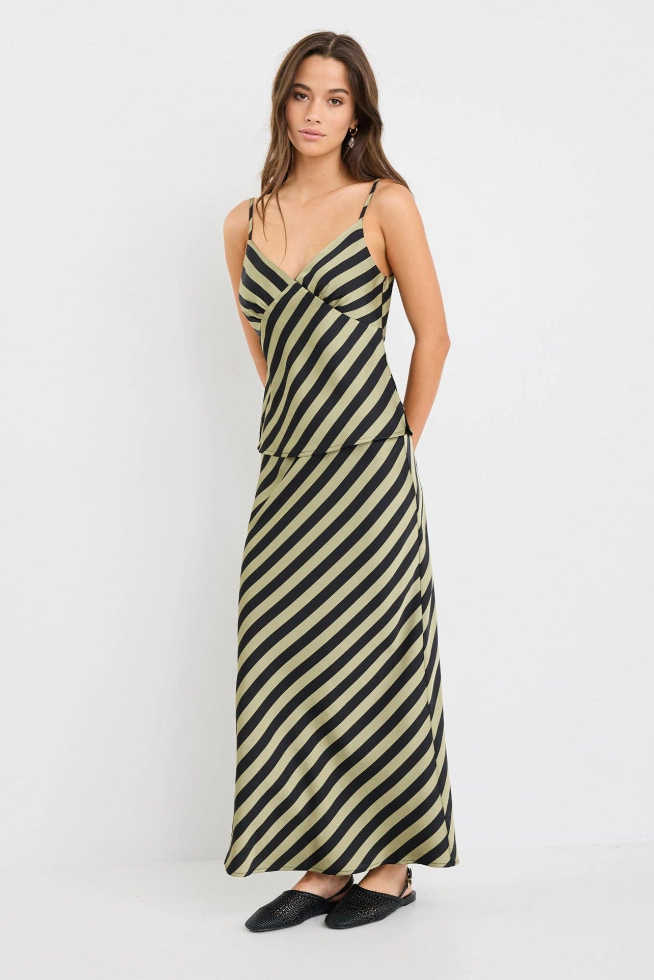 Embossed Detail Stunning Khaki Black Stripe Satin Bias Midi Skirt