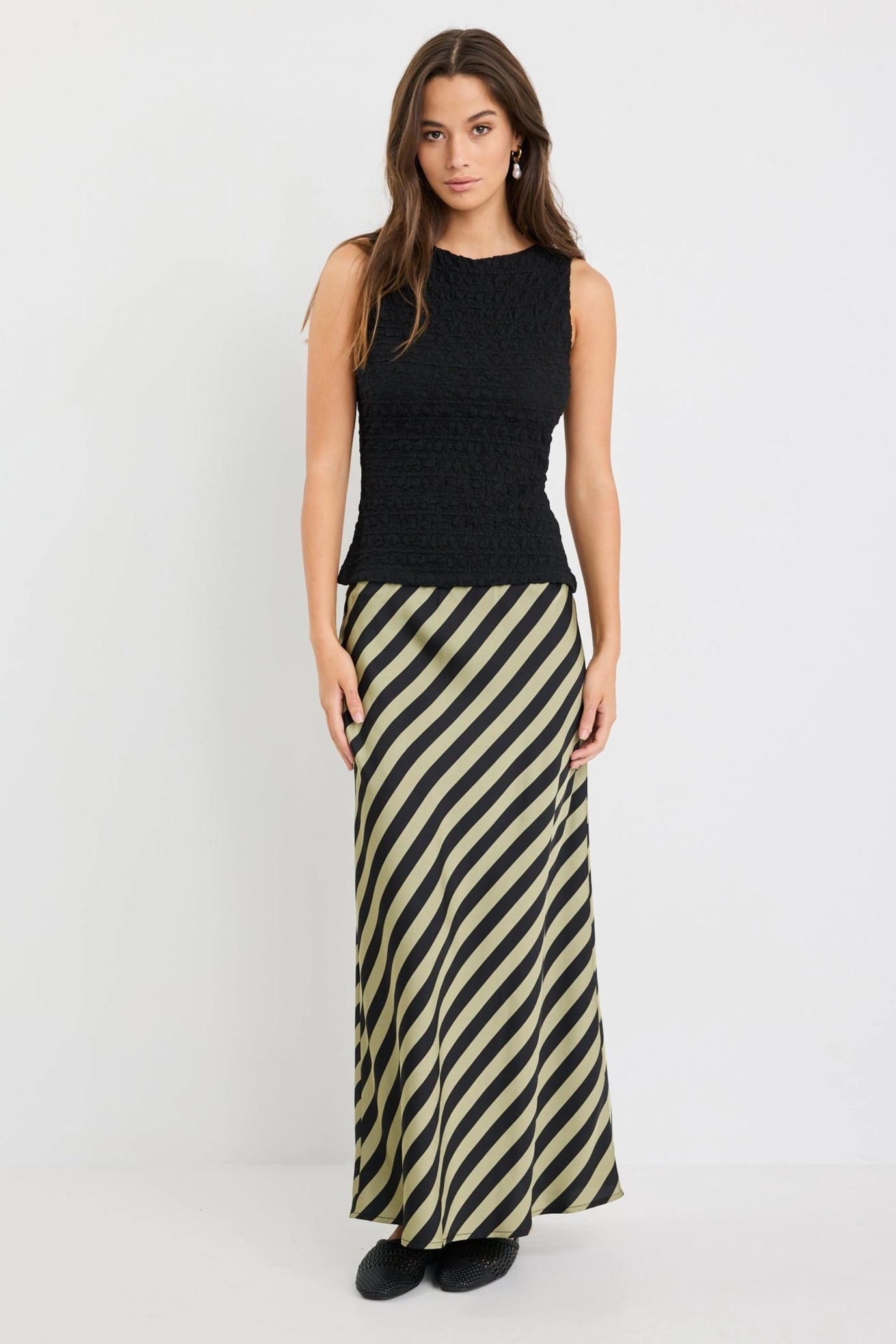 Stunning Khaki Black Stripe Satin Bias Midi Skirt Satin feel Travel Friendly