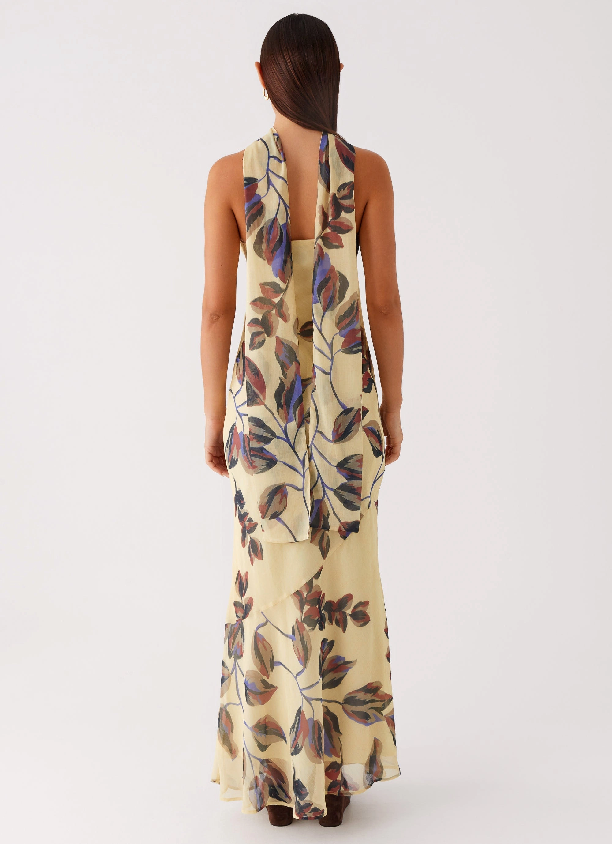 Satin Finish Under The Pagoda Maxi Dress - Buttercream Leaf Print