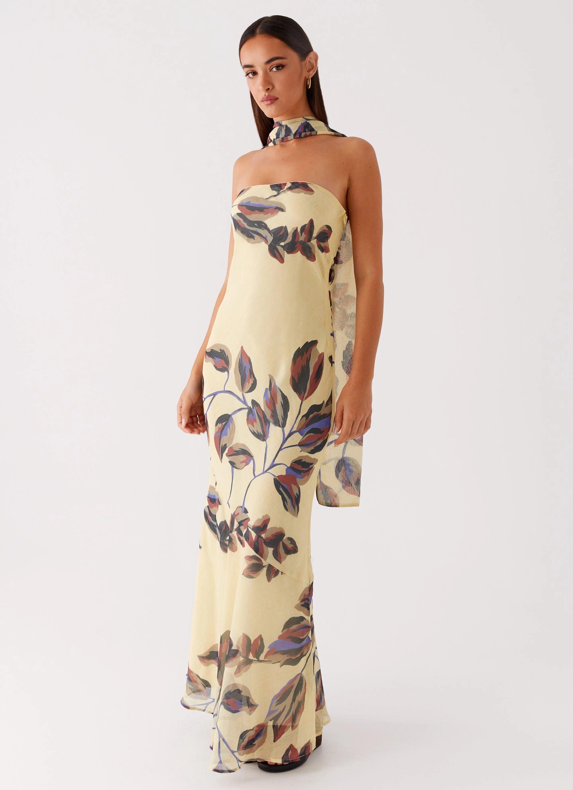Under The Pagoda Maxi Dress - Buttercream Leaf Print Fresh Glow Lace Fine