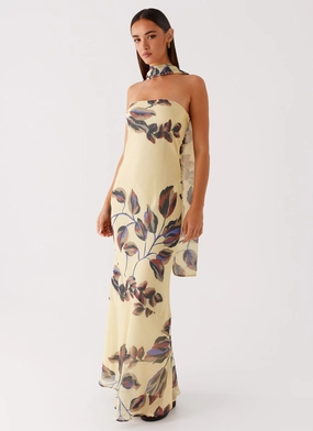 Under The Pagoda Maxi Dress - Buttercream Leaf Print Fresh Glow Lace Fine