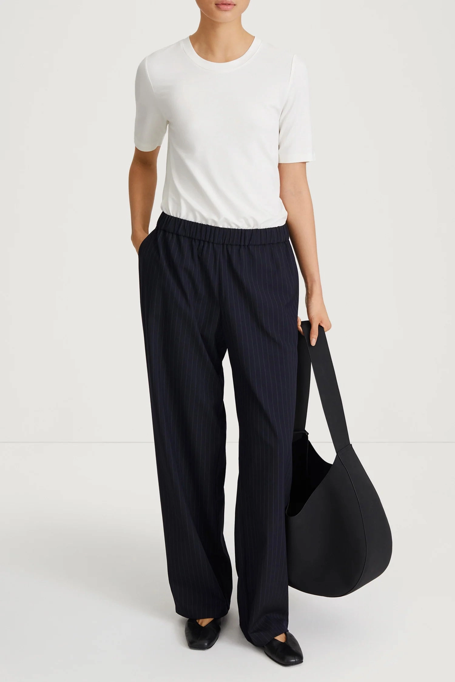 elastic waistband Flattering Cut Style In Belicia Trousers in Navy Pinstripe