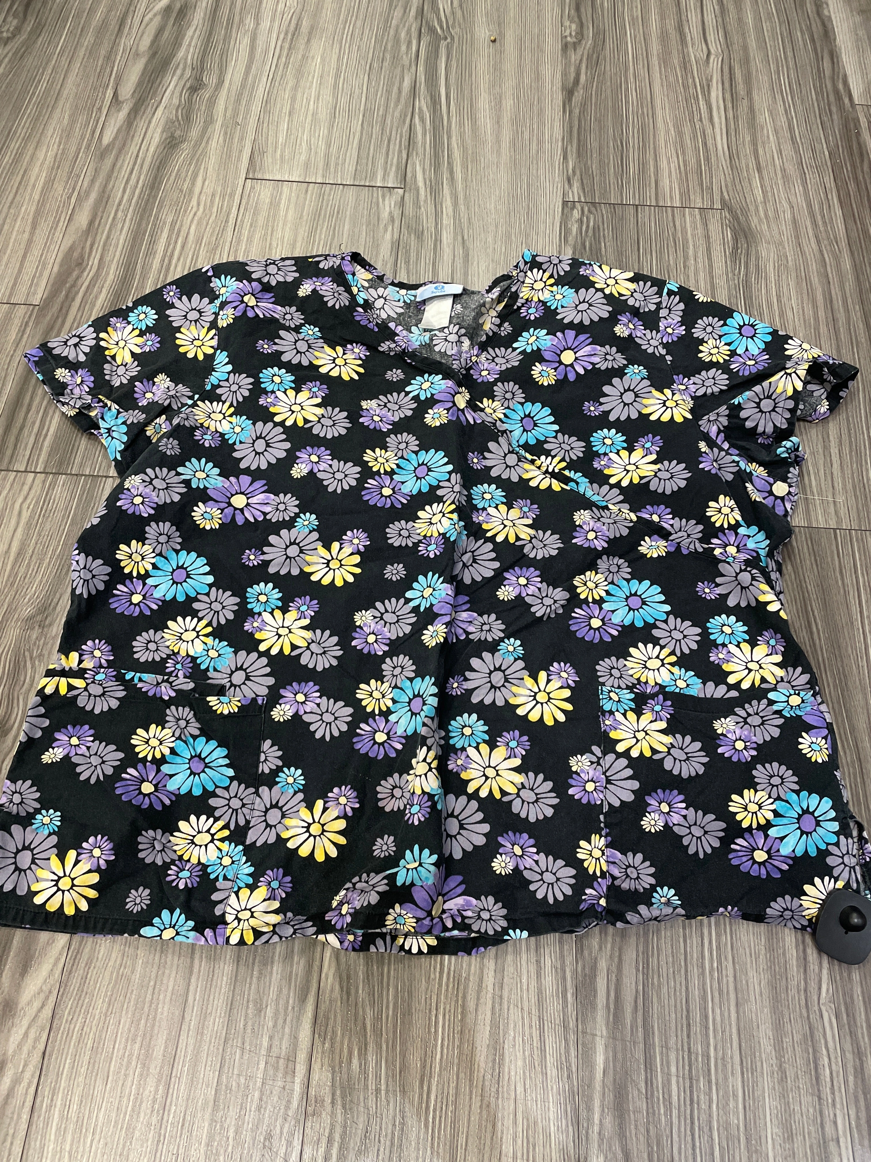 Floral Print Top Short Sleeve Scrubs, Size 2x AntiBacterialTreatment